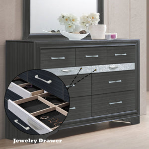 English Elm Naima Modern Textured Finish Dresser with Felt-Lined Jewelry Drawer, Silver Pulls, Smooth Glide Black 66 L x 20 W x 43 H B2726P261245