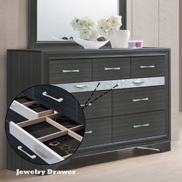English Elm Naima Modern Textured Finish Dresser with Felt-Lined Jewelry Drawer, Silver Pulls, Smooth Glide Black 66 L x 20 W x 43 H B2726P261245