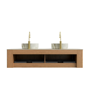 English Elm Dina 60 Inch Floating Bathroom Vanity Sintered Stone Top Dual Glass Basins Wood Grain Beige,Natural Wood,White W2615S00511