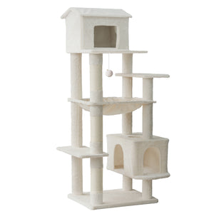 English Elm Beige Plush Multi-cat Tower with Sisal Posts Hammock and Enclosed Hideaway 64in Beige W243P326764