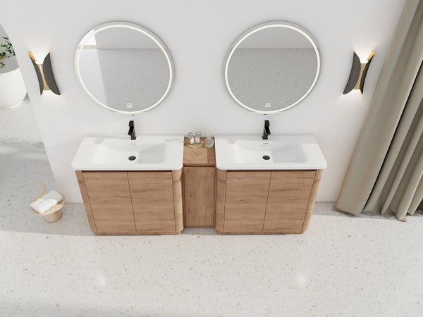 English Elm 84'' Freestanding Double Sink Bathroom Vanity Oak Finish Soft Close Storage Cabinet W999S00516