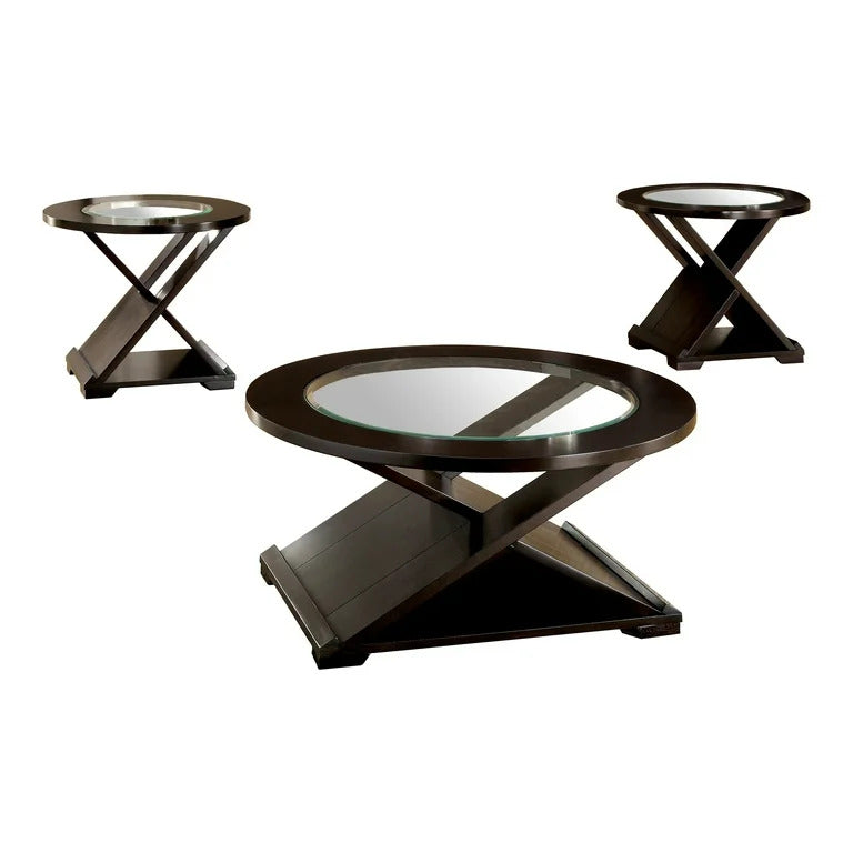 English Elm Contemporary Glass Top Occasional Tables Set of 3 with Striking Crossed Wood Base and Durable 5mm Glass Surface Espresso 31 L x 31 W x 3 H B011S01828
