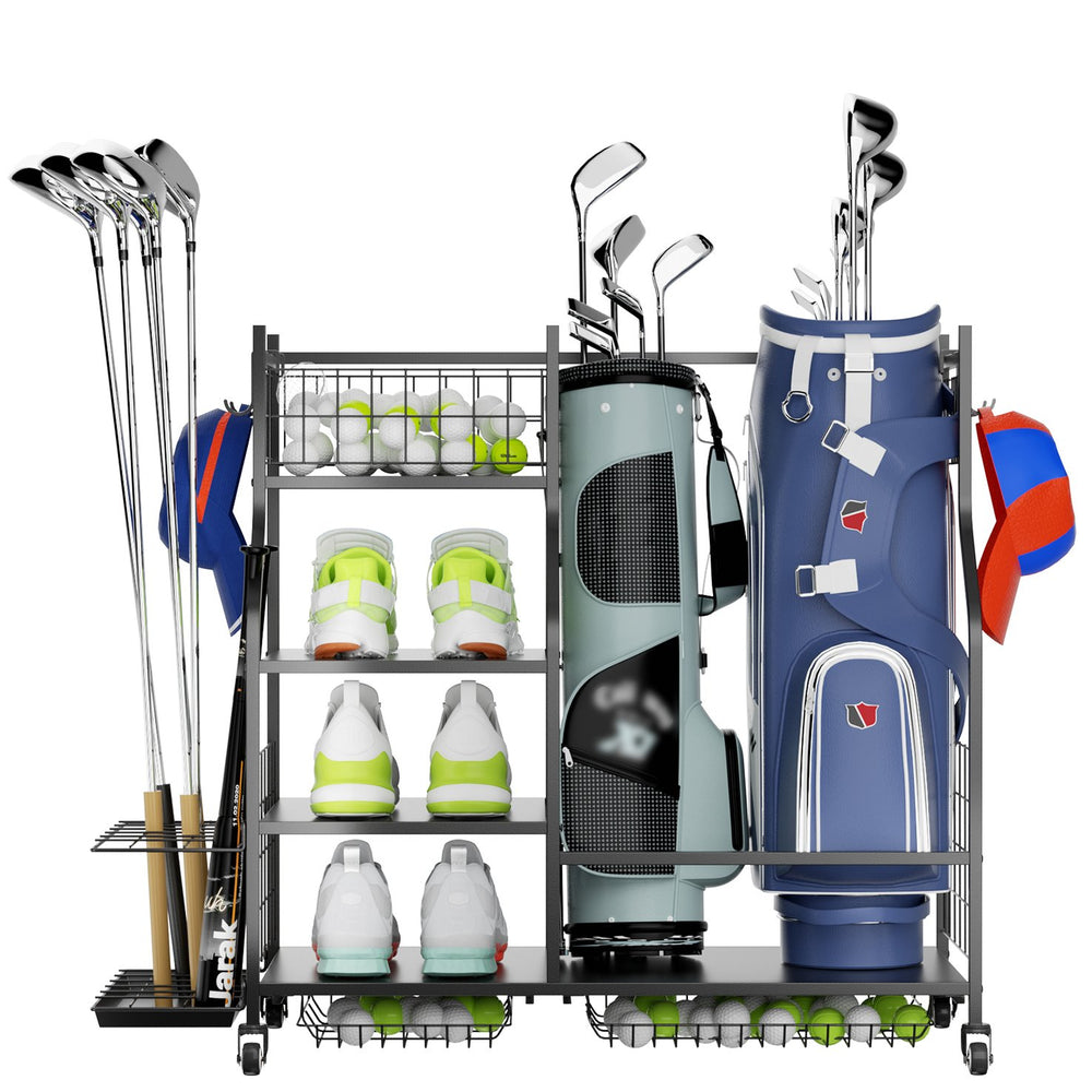 English Elm Golf Bag Organizer Rack with Club Stand Three Shelves and Four Hooks for Garage T3210P392616