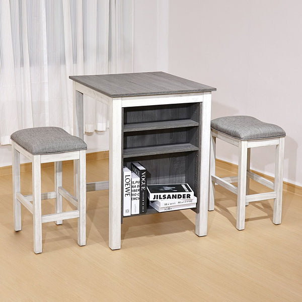 English Elm 3 Piece Counter Height Dining Set with Shelving Cushioned Stools Modern Farmhouse Kitchen Antique Gray,Antique White W2537P369838