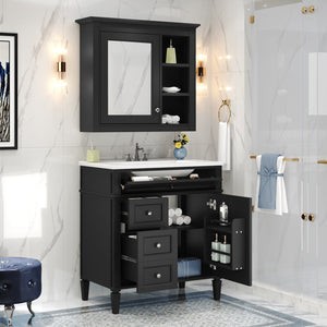 English Elm 30'' Modern Bathroom Vanity with Integrated Mirror Cabinet, Ceramic Sink, 3 Drawers & Ample Storage Black SW000126AAB-1