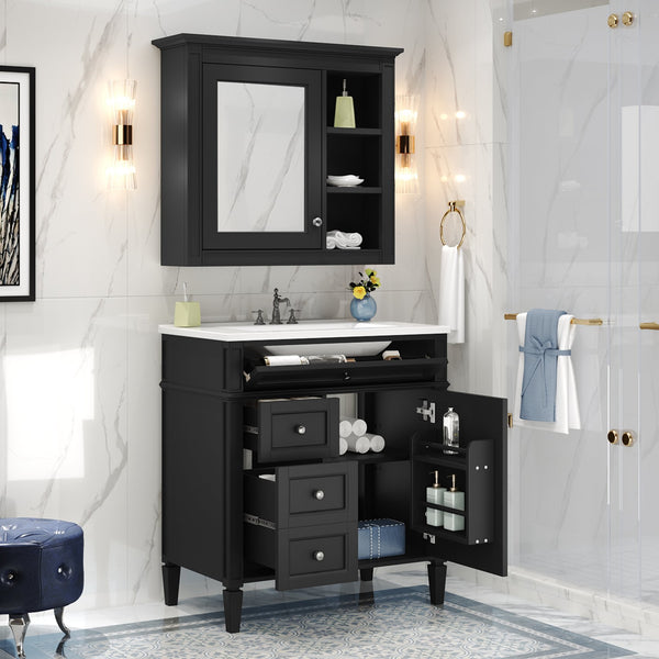 English Elm 30'' Modern Bathroom Vanity with Integrated Mirror Cabinet, Ceramic Sink, 3 Drawers & Ample Storage Black SW000126AAB-1
