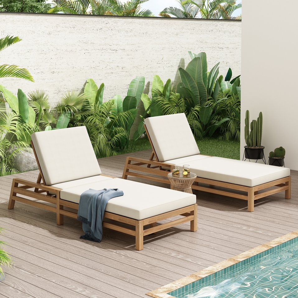 English Elm Trexm Solid Acacia Wood Outdoor Reclining Lounge Chair Set of 2 with Cushions Light Teak TM000033AAD