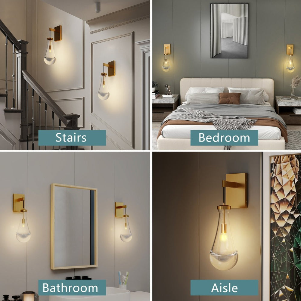 English Elm Wall Sconces Set Of Two - Modern Art Deco Brass Lighting With Dimmable Raindrop Glass Shades W2312P389961-GIGA