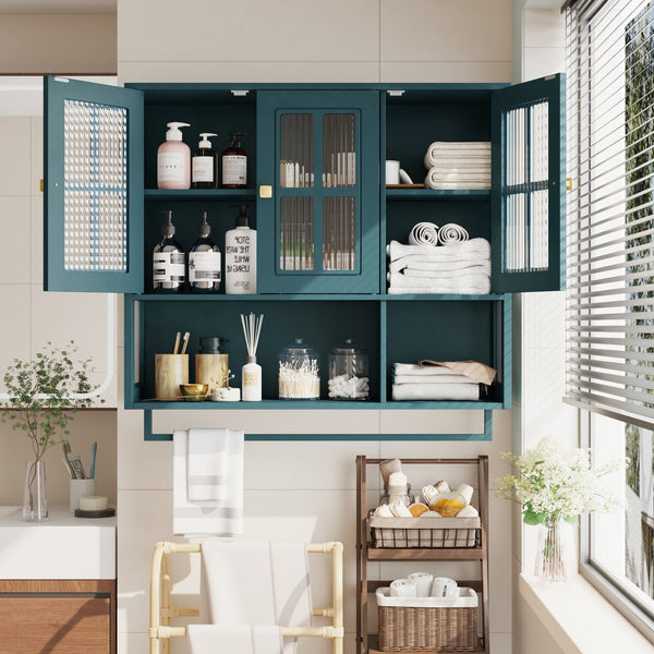 English Elm Bathroom Wall Cabinet Fluted Glass Doors Open Shelf Towel Bar Dark Green Mdf W757P400531