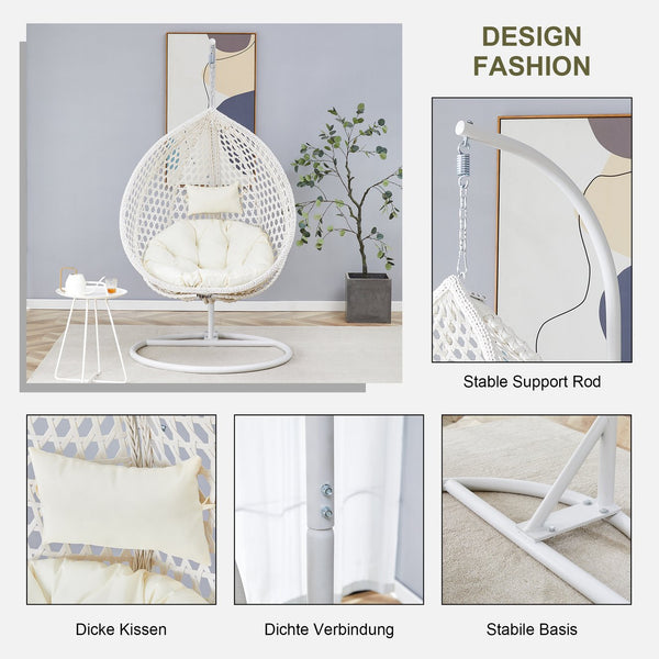 English Elm 76.8-inch Hand Woven Rattan Egg Swing Chair Indoor Outdoor with Cushion Lumbar Pillow White W1512P498593