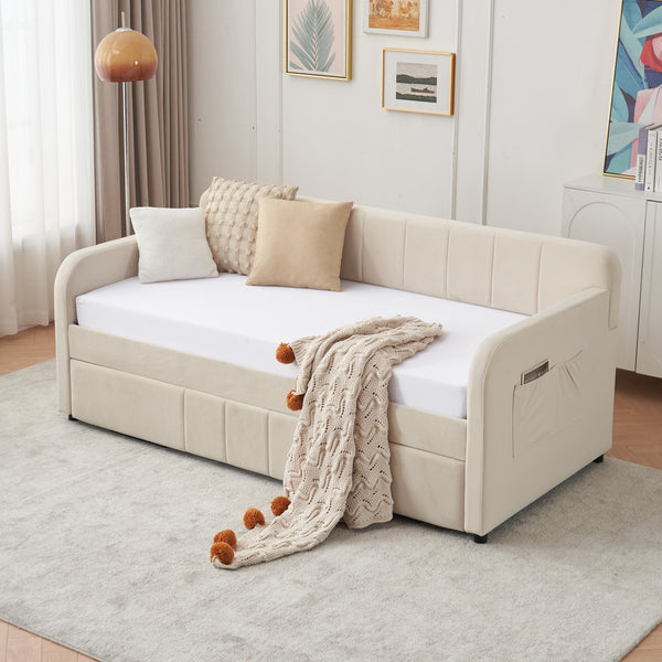 English Elm Twin Upholstered Daybed with Trundle Sofa Bed for Guest Room, Pine Wood Frame, Velvet Upholstery, Sturdy Slat Support and Full-Length Comfort Beige W1361S00020