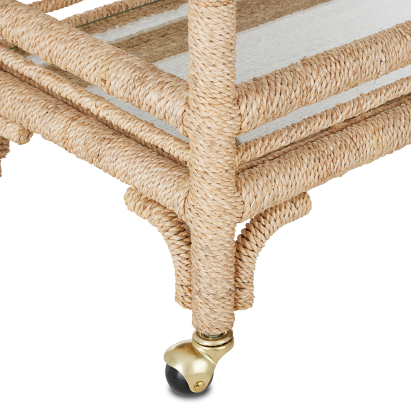 Olisa Natural Rope Bar Cart - Elegant Braided Abaca Design with Glass Shelves & Rolling Casters