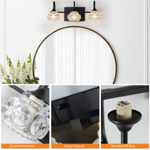 English Elm 17" Retro 3-Light Bathroom Vanity Light Fixture - Black Iron with Crystal Glass Shades, Wall Mounting Elegance for Powder Room (No Bulbs) W1340P206720