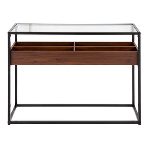 English Elm Contemporary Glass Top Console Table with Matte Black Frame and Wood Storage Walnut B202P223378
