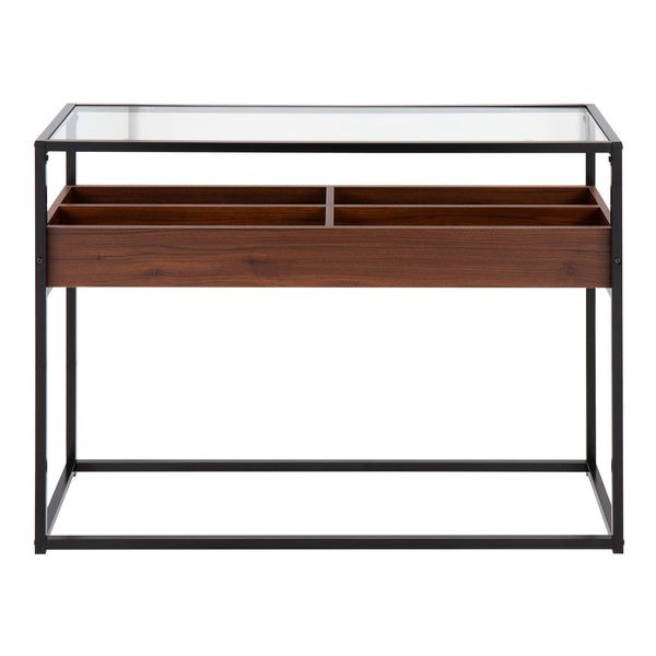 English Elm Contemporary Glass Top Console Table with Matte Black Frame and Wood Storage Walnut B202P223378