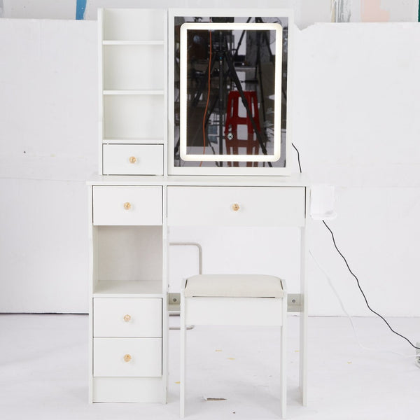 English Elm 29.2" Compact Left Drawer Vanity Set With Led Mirror, Power Station, Stool & Hair Dryer Holder P2 W936P226043-GIGA