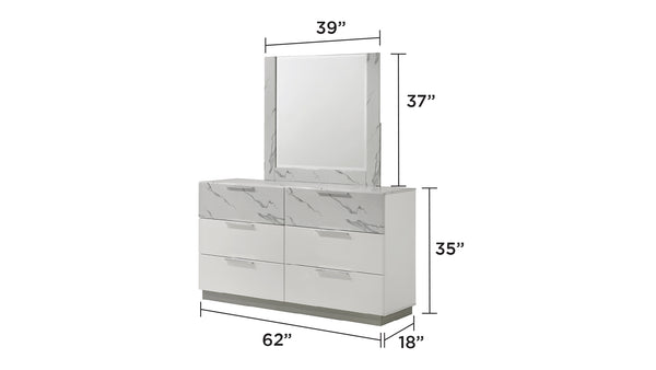 English Elm Mist Queen 4-Piece Bedroom Set – Chic Two-Tone High-Gloss Marble & Led Illuminated Finish White B009S01744