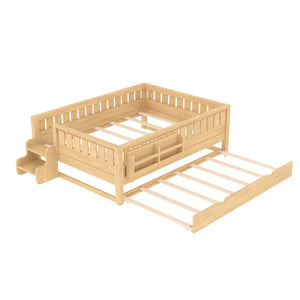 English Elm Twin Kids Platform Bed with Trundle Staircase Bookshelf and Rounded Safety Rails Light Natural W1580S00560