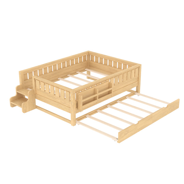 English Elm Twin Kids Platform Bed with Trundle Staircase Bookshelf and Rounded Safety Rails Light Natural W1580S00560