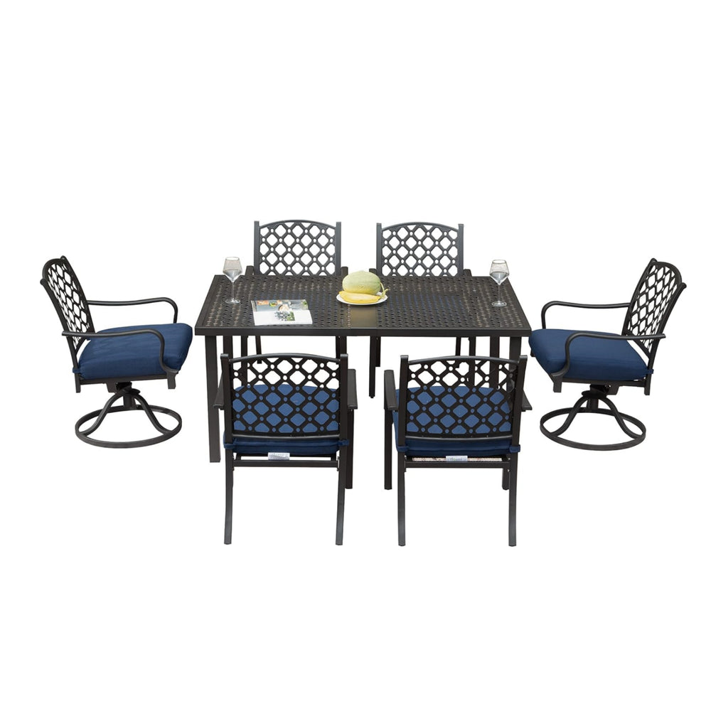 English Elm Outdoor 7-Piece Patio Dining Set With Swivel Chairs & Removable Navy Cushions For Ultimate Comfort W1859S00114