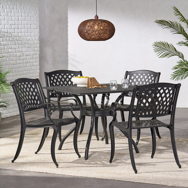 English Elm Christopher Knight Home® - Olmsted Black 5-Piece Aluminum Dining Set — Weather-Resistant Cast Aluminum, Mesh Back Seats, Patio Luxury 54587.00SAD-4_54586.00SAD