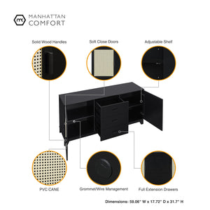 English Elm Sheridan 59" Sideboard in Black - 2 Doors, 3 Drawers, Cable Management, MDF Frame, 55" TV Ready B365P397679