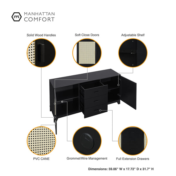 English Elm Sheridan 59" Sideboard in Black - 2 Doors, 3 Drawers, Cable Management, MDF Frame, 55" TV Ready B365P397679