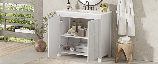 English Elm 36" Bathroom Vanity Organizer with Ceramic Sink, Solid Wood Distressed Finish, Hand-Painted Charm and Ample Storage Antique White N729P255666K