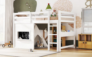 English Elm Twin Loft Bed House Frame with Sliding Chalkboard Built-in Bookshelf and Safety Rails White W1580S00319