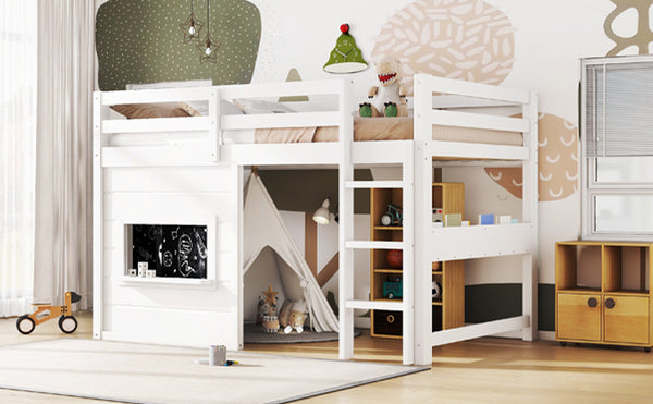 English Elm Twin Loft Bed House Frame with Sliding Chalkboard Built-in Bookshelf and Safety Rails White W1580S00319