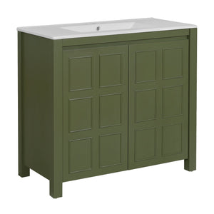 English Elm 36" Bathroom Vanity Organizer with Ceramic Sink, Solid Wood Distressed Finish, Hand-Painted Charm and Ample Storage Olive Green N729P255666F