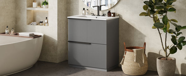 English Elm Christopher Knight Home® - 30" Fluted Gray Bathroom Vanity With Glossy Ceramic Sink & Soft-Close Drawers For Modern Spaces N817P288915G