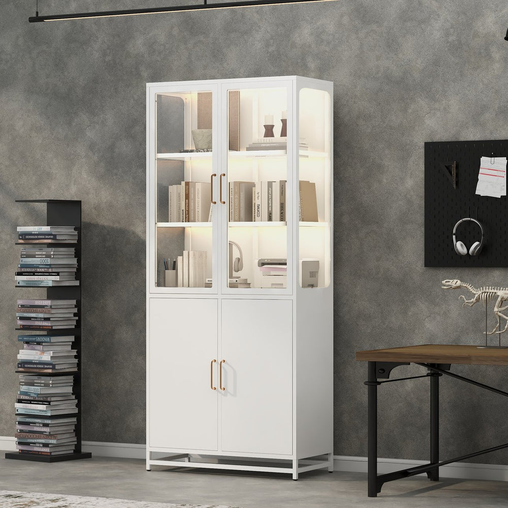 English Elm 76.75'' Steel Curio Cabinet with Led Lights Tempered Glass Doors Vintage Brass Handles SN845P282833W_R