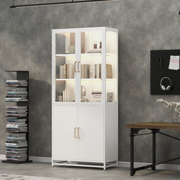 English Elm 76.75'' Steel Curio Cabinet with Led Lights Tempered Glass Doors Vintage Brass Handles SN845P282833W_R
