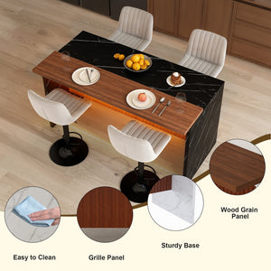 English Elm 63" Modern Kitchen Island Set With 4 Gray Bar Stools - Elegant Black Marble, Led Lights & Versatile Design W2699S00071