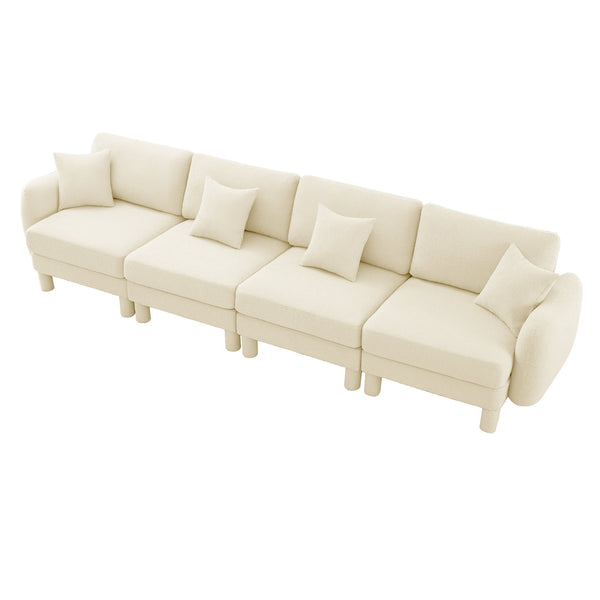 English Elm Boucle 4-Seater Sofa In Beige - Elegant Shell Armrests & Cylindrical Legs For Modern Living Spaces W3041S00279