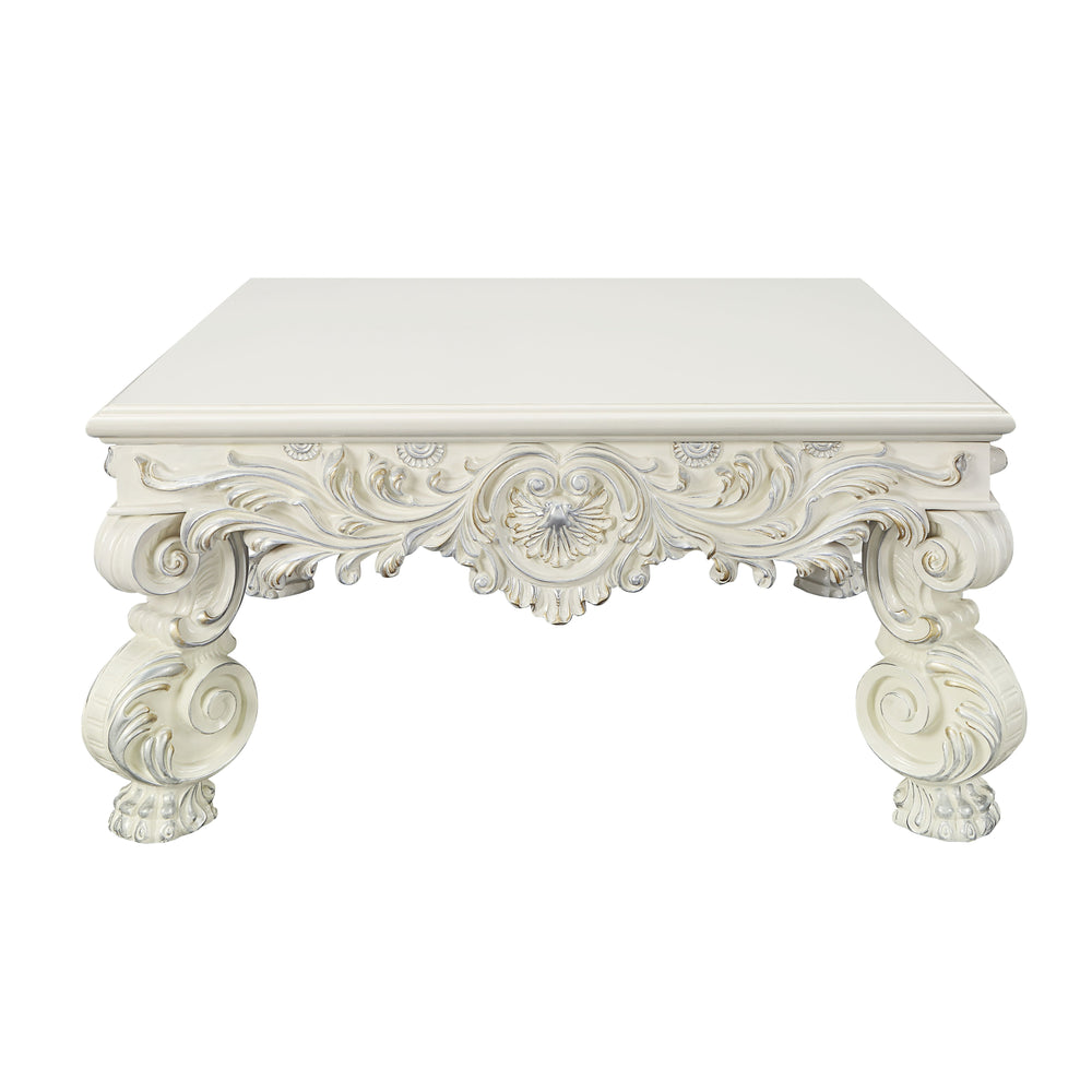 English Elm Adara Antique White Finish Square Coffee Table with 60mm Top, Floral Sculpted Legs and Elegant Apron Design B2726P256371