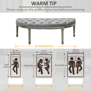 English Elm HOMCOM Vintage Semi-Circle Upholstered Entryway Bench with Tufted Velvet-Touch Seat and Rubberwood Legs Grey W2225P217020