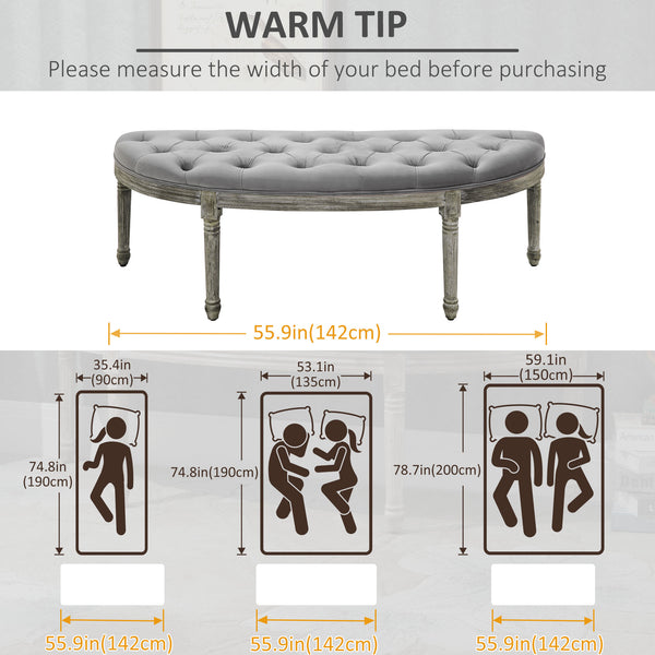 English Elm HOMCOM Vintage Semi-Circle Upholstered Entryway Bench with Tufted Velvet-Touch Seat and Rubberwood Legs Grey W2225P217020