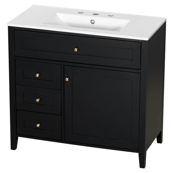 English Elm 36-Inch Black Bathroom Vanity With Sink – Modern Design, 3 Drawers, Adjustable Shelf For Storage N725P350821B