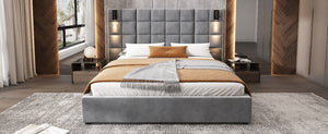 English Elm Queen Velvet Platform Bed Wide Headboard Built in Sconces Usb Ports Modern Bedroom N757Q200046G-1