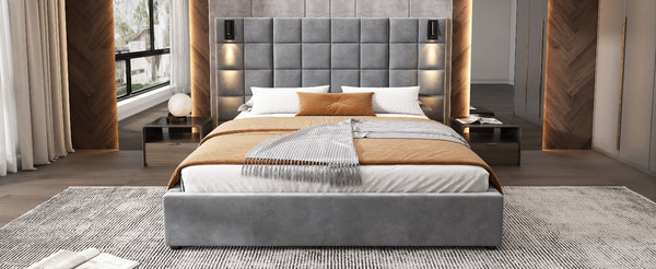 English Elm Queen Velvet Platform Bed Wide Headboard Built in Sconces Usb Ports Modern Bedroom N757Q200046G-1