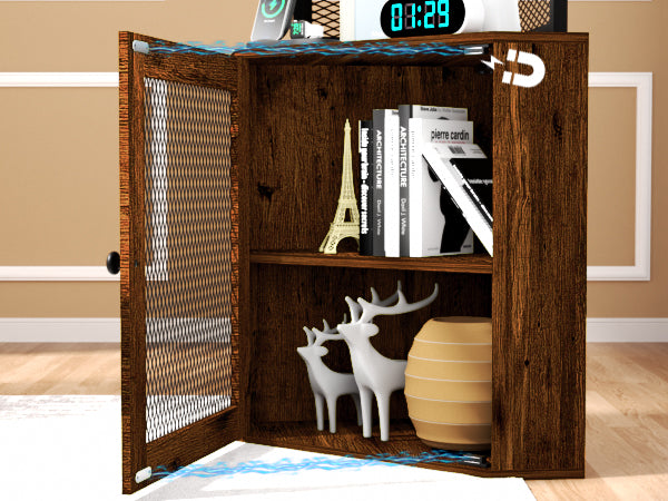 English Elm Corner 65" Corner Cabinet with Doors, 6-Tier Freestanding Storage Shelf w/Wine Rack, USB & AC Power T3177P268172