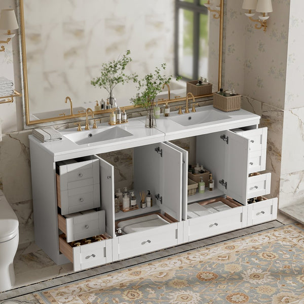 English Elm 72" Freestanding Shaker Bathroom Vanity Double Ceramic Sink Eight Soft Close Drawers N729P000032K