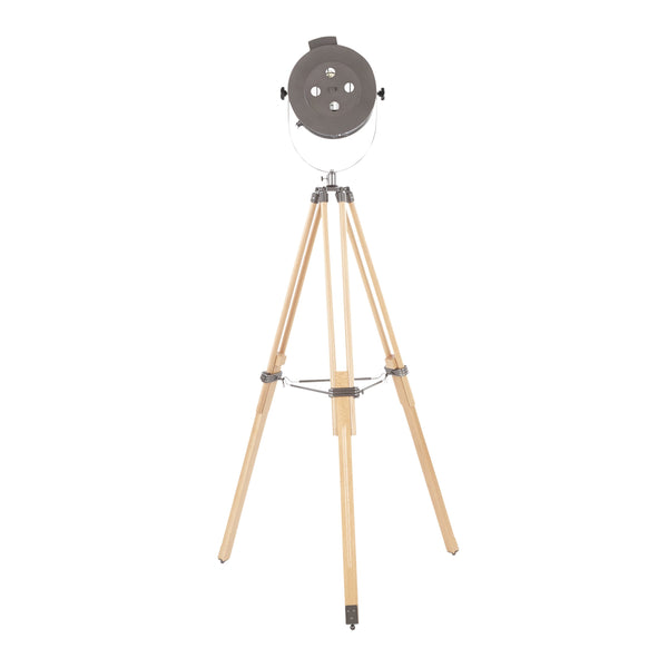 English Elm Floor Tripod Lamp Natural Wood Antique Metal Shade Adjustable Industrial Reading Light B202S01384