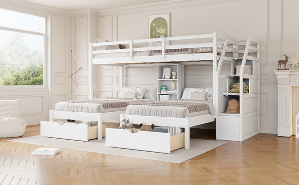 English Elm Twin Triple Bunk Bed White Pine Frame with Staircase Storage Drawers and Built Shelves GX000324AAK-1