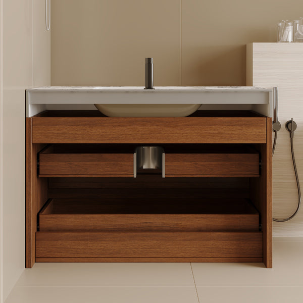 English Elm 29.9" Floating Bathroom Vanity Sintered Stone Top Soft Close Drawers Bronze Gold Hardware W3136S00040