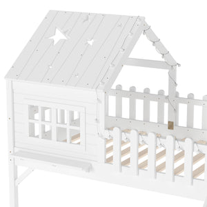 English Elm Twin Playhouse Loft Bed Solid Pine Frame with Slide Led Lights and Star Roof White W5316S00001