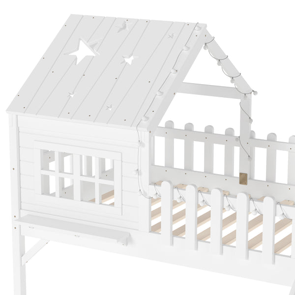 English Elm Twin Playhouse Loft Bed Solid Pine Frame with Slide Led Lights and Star Roof White W5316S00001
