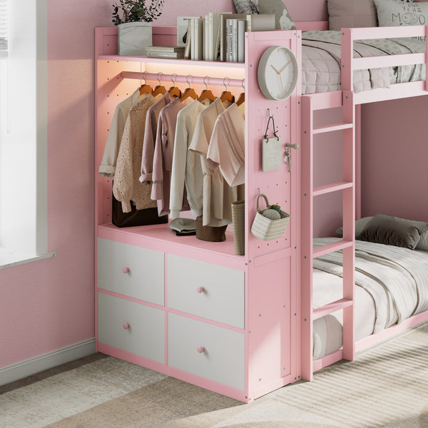 English Elm Twin Bunk Bed with Storage Drawers Hanging Rail Led Shelves and Pegboard Organizer Pink LT000282AAH
